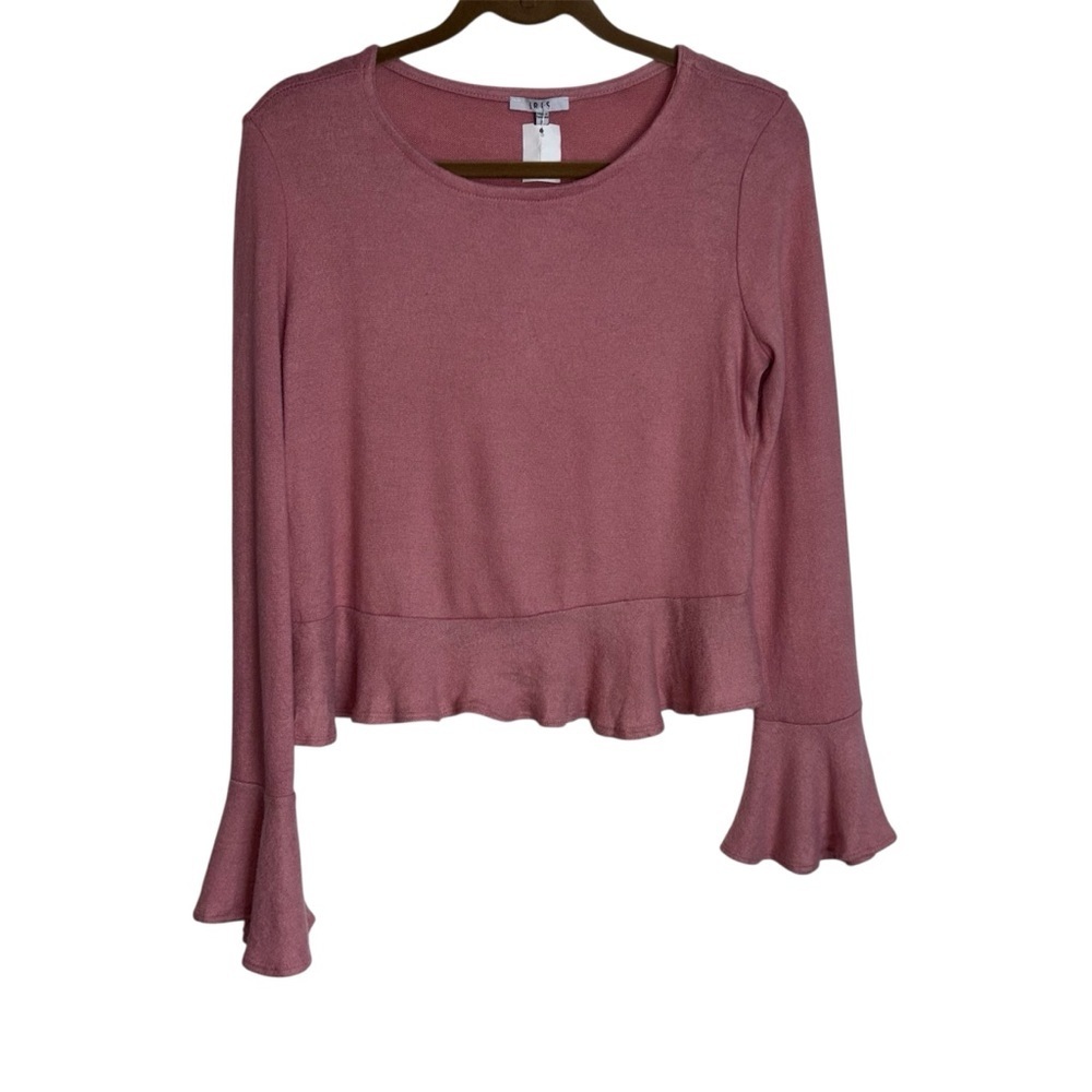 Iris Women's Ruffle Bell Sleeve Sweater Top Pink Dusty Rose Large